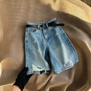 歐貨復古破洞牛仔短褲女五分褲2026夏季高腰寬松顯瘦休閑直筒中褲