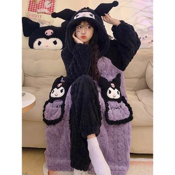 珊瑚絨睡袍長款加厚加絨庫洛米睡衣女冬季天法蘭絨可愛家居服套裝