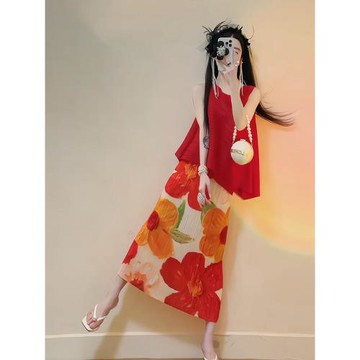 法式褶皺小個子顯高時尚套裝裙紅色無袖上衣高級感減齡一整套穿搭