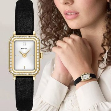 FOSSIL Raquel 晶鑽方形天鵝絨女錶 開學購物季 送禮首選-黑色/18mm ES5437