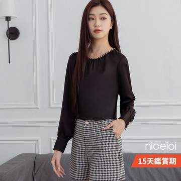 niceioi 晚宴穿搭 輕奢風 都市優雅 黑色 [法式時尚名媛金鍊領邊時裝上衣] 女生上衣 女裝 5I541007