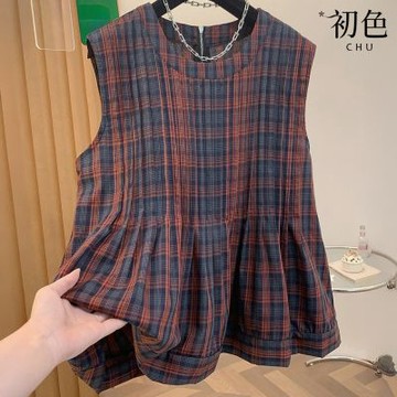 初色 歐式壓褶撞色格紋圓領無袖襯衫背心女背心-格紋-50454(F可選)
