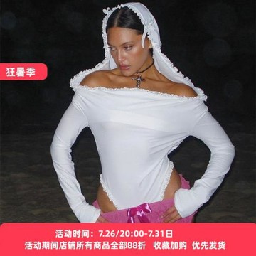 小眾設計感蕾絲拼接蝴蝶結連帽連體上衣女夏收腰顯瘦辣妹百搭T恤