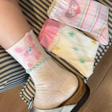 【台灣出貨】夏季薄款 兔子 透氣 吸汗 花邊 粉色 卡通 可愛 少女風 襪子 女 少女 Lolita 襪 花邊襪