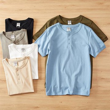 日系復古！亨利領 300克重磅阿美咔嘰夏季男士V領短袖T恤潮30727