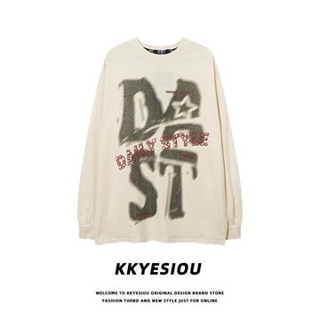 KKyesiou美式復古字母涂鴉設計感情侶薄衛衣男女oversize長袖T恤