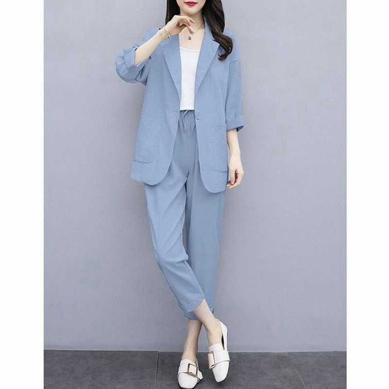 スーツ レディース カジュアルスーツ 春 秋 セットアップ ツーピース ジャケット パンツ テーパード クロップド丈 無地 シンプル ベーシック 通勤 通販 Lineポイント最大get Lineショッピング