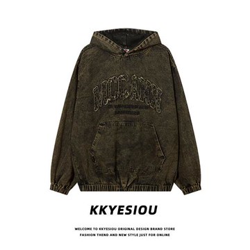 KKyesiou美式復古潮牌字母刺繡牛仔外套男女oversize情侶連帽衛衣