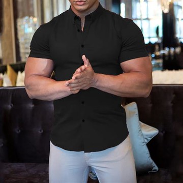 肌肉男健身短袖彈力薄款翻領襯衫純色運動休閑開衫白色免燙襯衣