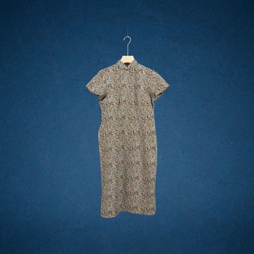 二手 黑白橘 銀蔥 開衩 彈性 無內裡 古董訂製 短袖 旗袍 CA1122