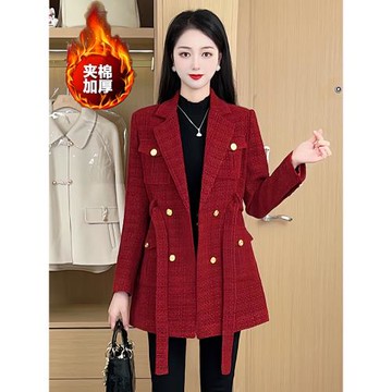 小香風毛呢外套女中長款秋冬新款系帶收腰風衣夾棉加厚保暖呢大衣