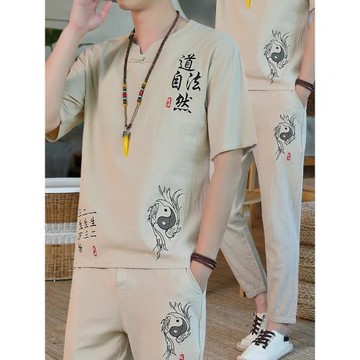 中國風套裝男士夏季薄款棉麻唐裝男款復古風亞麻短袖t恤男裝漢服v