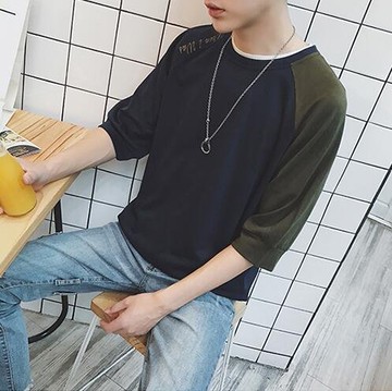 FINDSENSE 時尚潮流 男 圓領 英文 拼色袖 休閑七分袖短T 短袖T恤 特色短T