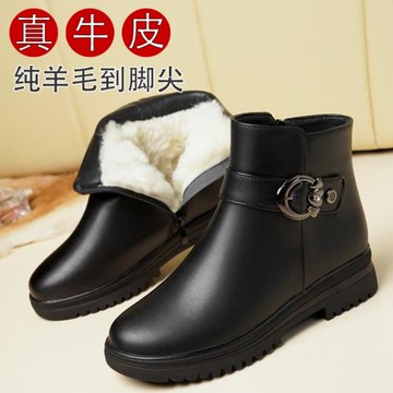 真皮短靴女加絨加厚軟底羊毛中老年媽媽棉鞋大碼惠州女靴子