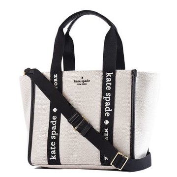 KATE SPADE Kip 帆布拉鍊手提/斜背二用包-米/黑邊/小