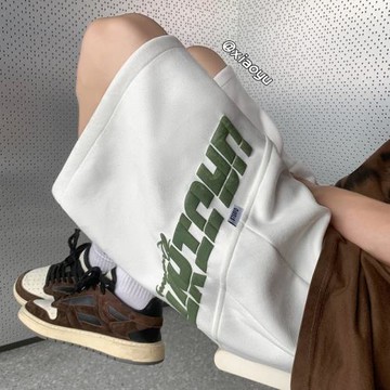 麂皮絨發泡短褲男夏季五分褲潮牌寬松直筒休閑運動褲子美式籃球褲