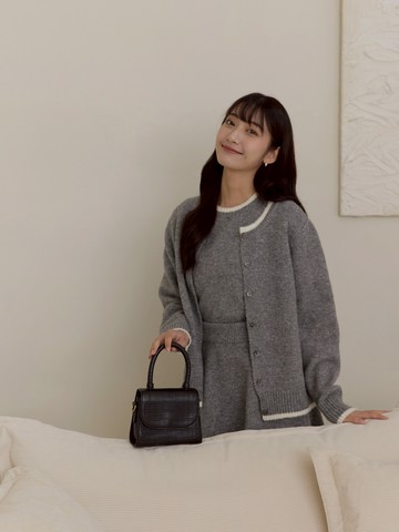 三件組 配色邊短裙針織套裝