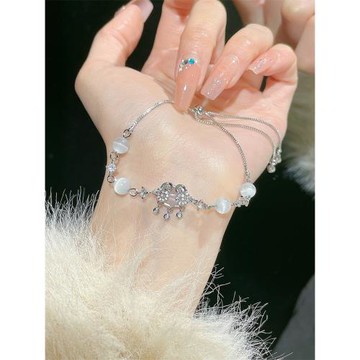 老銀匠平安鎖手鏈女生款999純銀輕奢小眾精致貓眼石手飾送閨蜜生