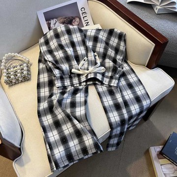 廣州十三行高貨爆款~重工燙鉆格子闊腿長褲子女時尚薄款百搭外穿