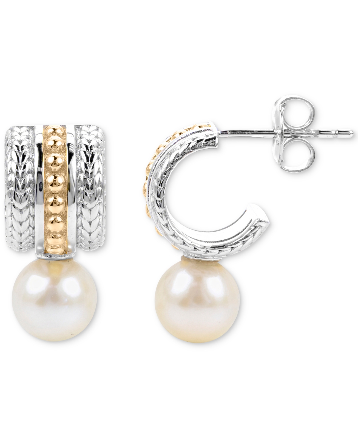 Cultured Freshwater Pearl (7mm) Huggie Hoop Earrings in Sterling Silver & 14k Gold-Plate