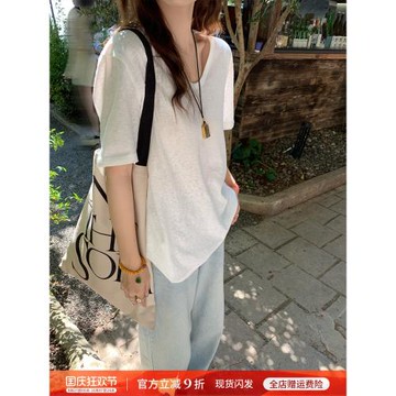 龍妹家白色竹節棉V領短袖T恤女2025夏新薄款高級冰絲棉麻寬松上衣