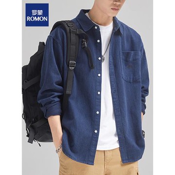 羅蒙藏青襯衫外套男士春秋季新款磨毛純棉休閑牛仔長袖男生襯衣服