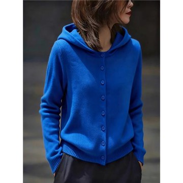 歐貨大牌藍色寬松潮流連帽開衫2025秋冬新款時髦保暖毛針織衫女