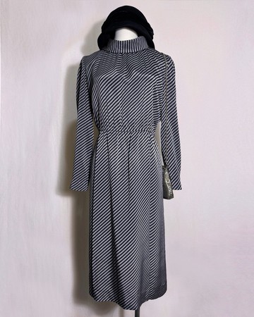 翻領斜紋微光澤長袖古著洋裝/ 國外帶回 VINTAGE