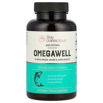Live Conscious, OmegaWell，優質 Omega-3 配方，優效，60 粒軟膠囊（每粒軟膠囊 1,000 毫克）