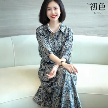 初色 復古印花圖騰寬鬆中長款POLO領七分袖翻領連身裙中長裙連衣裙連身洋裝長裙-花色-11867(M-2XL可選)