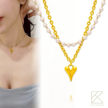 【快速出貨】【TLH】珍珠項鍊黃金墜 純金999  月影星耀  復古雙層 約重0.09錢±0.01