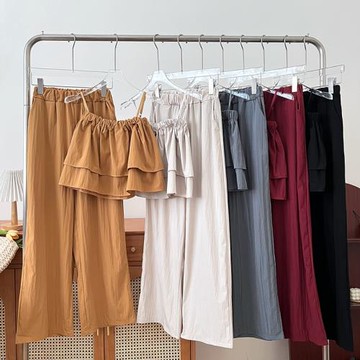 時尚百搭荷葉邊吊帶背心上衣+高腰顯瘦闊腿褲休閑褲直筒褲兩件套