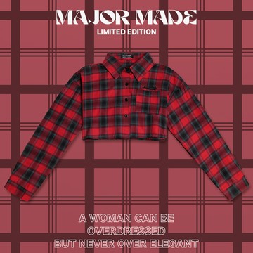 刺繡短版格紋襯衫