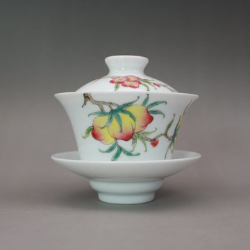 慎德堂粉彩手繪壽桃蓋杯蓋碗三才杯景德鎮茶具古玩古董仿古陶瓷器