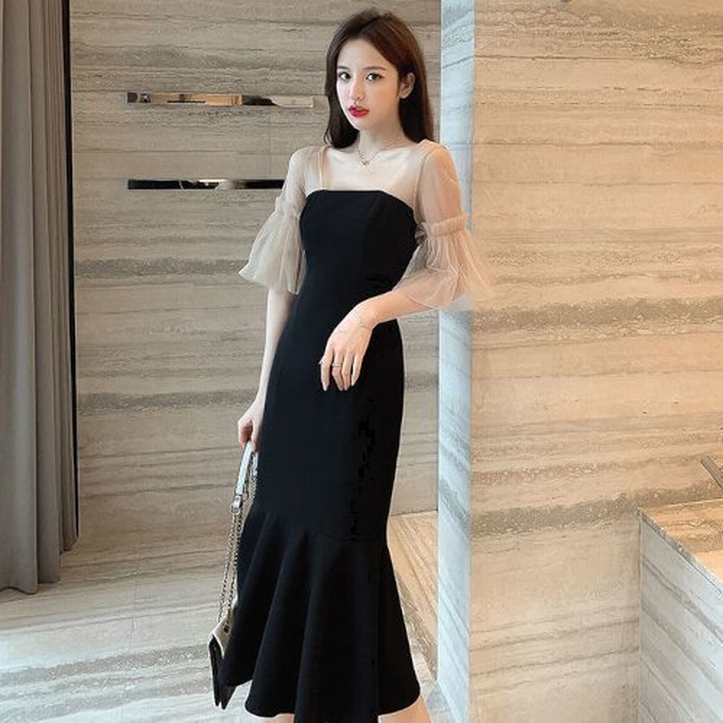 パーティードレス ワンピース ロング ミモレ丈 結婚式 演奏会 二次会 同窓会 お呼ばれ 大きいサイズ 袖あり 半袖 シースルー マーメイドスカート フリル 無地 通販 Lineポイント最大0 5 Get Lineショッピング