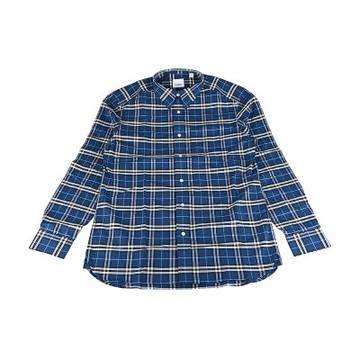 BURBERRY 標籤印字LOGO格紋設計棉質鈕釦長袖扣領襯衫(男款/藍)