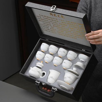 高檔功夫茶具套組家用輕奢羊脂玉描金蓋碗茶壺茶具套裝一整套批發