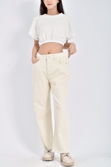 (M) uhan高腰丹寧牛仔質感杏色長褲