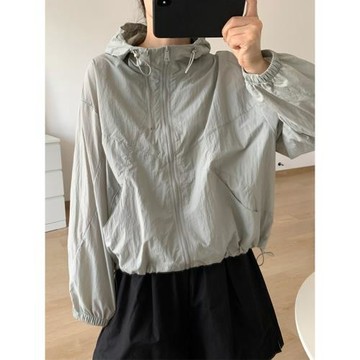 涼感速干連帽休閑防曬衣女夏季寬松百搭純色拉鏈短外套