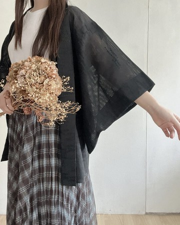 日本製古著夏羽織和服外套黑色和風織紋薄款