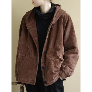 大碼女裝燈芯絨外套女秋冬2025新款文藝連帽百搭休閑夾棉加厚上衣