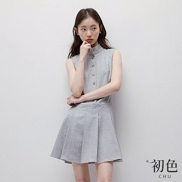 初色 立領素色修身顯瘦半排扣百褶西裝無袖連身裙洋裝-灰色-11681(M-2XL可選)
