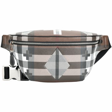 BURBERRY 巴寶莉 幾何格紋拼皮革肩胸背/腰包(深樺木棕)