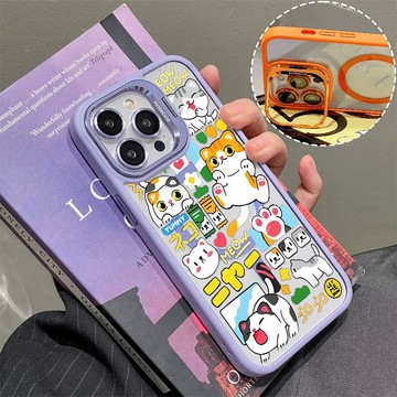 可愛貓咪 磁吸手機殼 金屬鏡頭支架 保護殼 適用於iPhone 17 16 15 14 13 12 11 Max防摔殼
