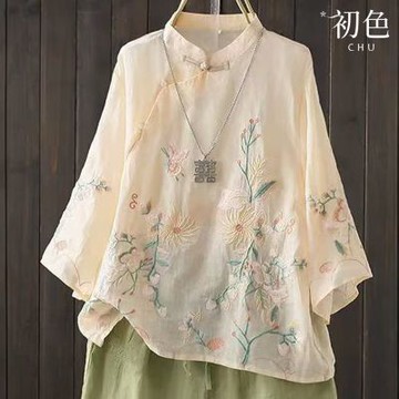初色 中國風輕薄棉麻繡花斜襟復古盤扣立領五分袖唐裝襯衫上衣女上衣裝-共3色-12608(M-3XL可選/現貨+預購)