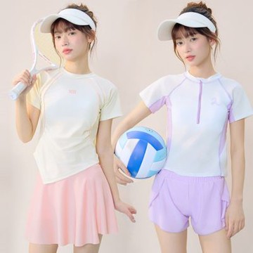 大童 淺色系運動風泳衣+泳褲裙 套裝 裙子 褲裙 女童 泳裝 青少女 游泳課 沙灘球 網球 學生 速乾 快乾 橘魔法 現貨【BB8425】