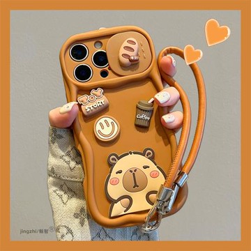 立體卡皮巴拉推拉窗適用蘋果15promax手機殼iPhone13新款16promax高級感小眾14全包防摔12帶掛繩硅膠情侶男女