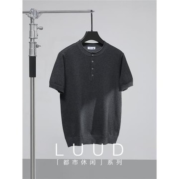 LUUD 男士輕熟風亨利領針織衫T恤夏季領口卷邊短袖體恤衫修身上衣