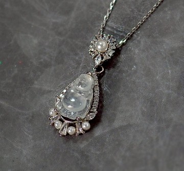 天然寶石款||冰種翡翠彌勒佛|| 925銀 鑲鑽 翡翠 墜子