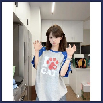 WYZ美式韓系愛心貓爪印花撞色短袖T恤女夏季新款學院風寬鬆ins上衣